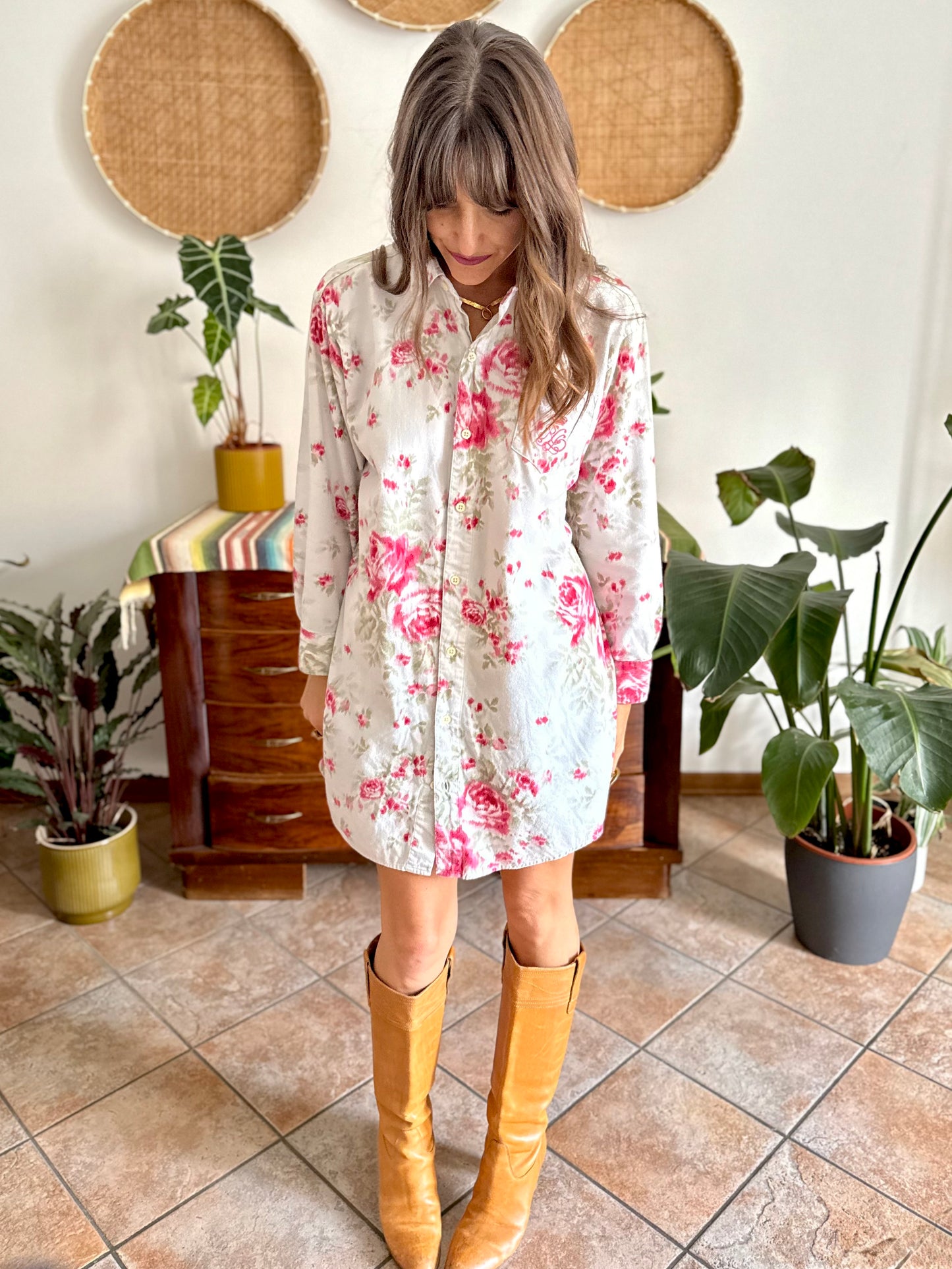 1990's vintage white floral shirt dress with pink and green rose pattern