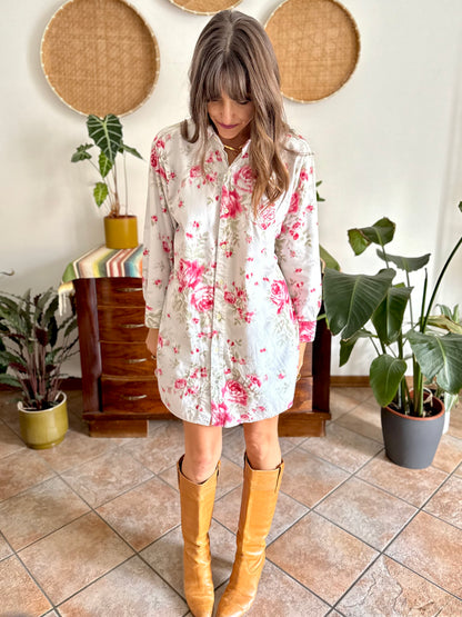 1990's vintage white floral shirt dress with pink and green rose pattern