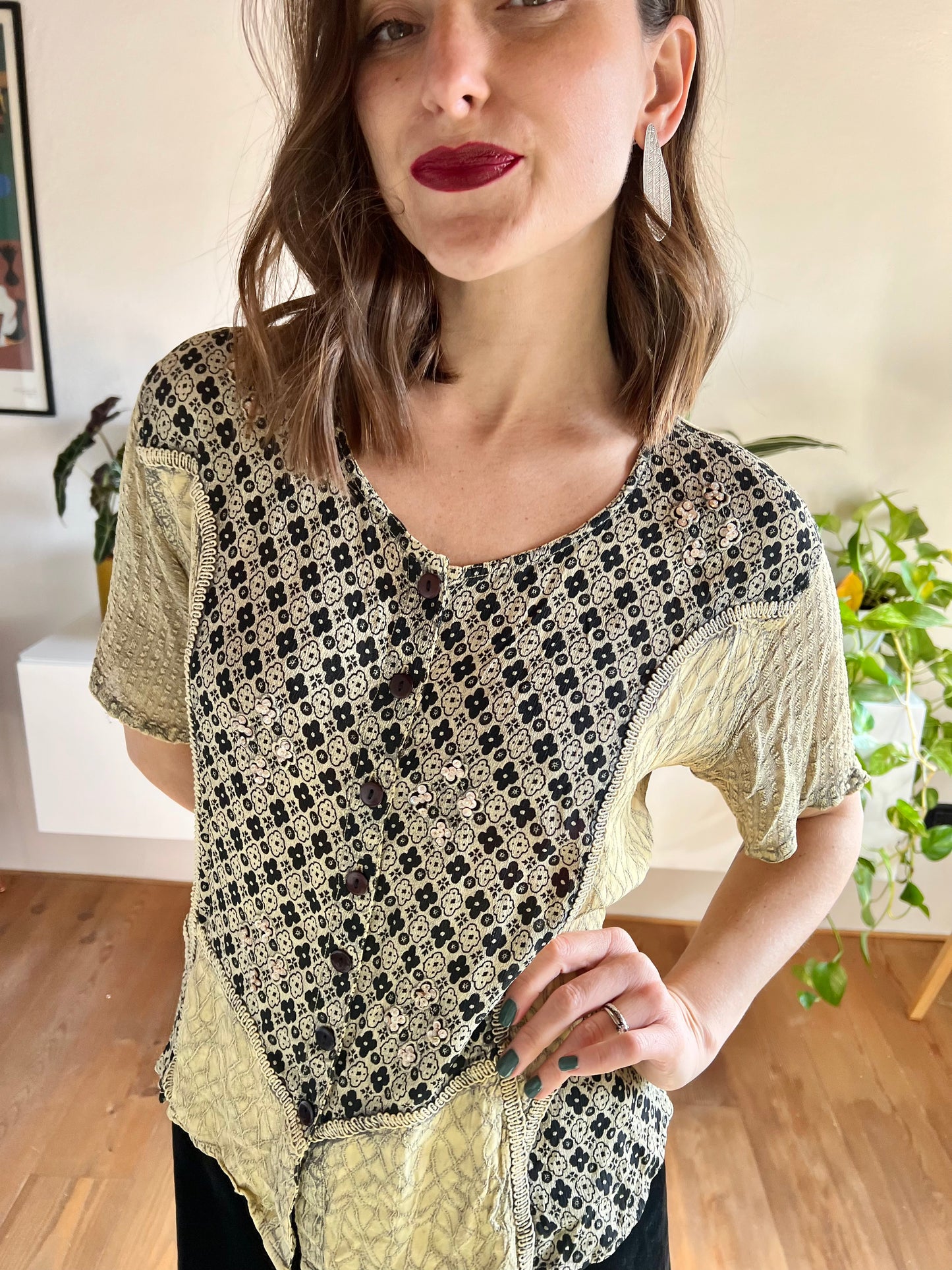 1990's vintage black and beige floral print blouse with sequin details