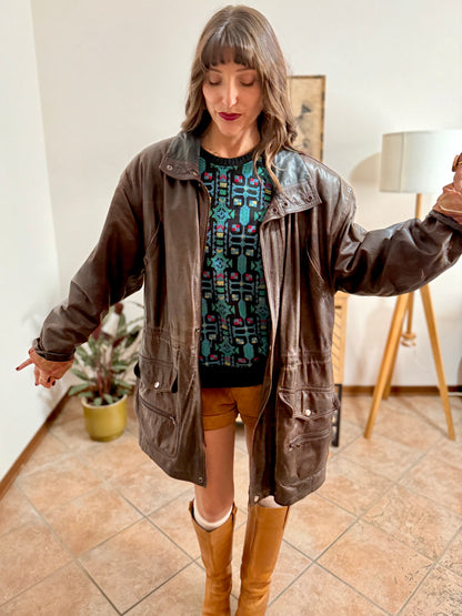 1970's vintage oversize chocolate brown leather coat with black leather details