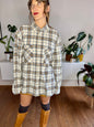 1990's vintage cream, brown and blue oversize plaid flannel shirt