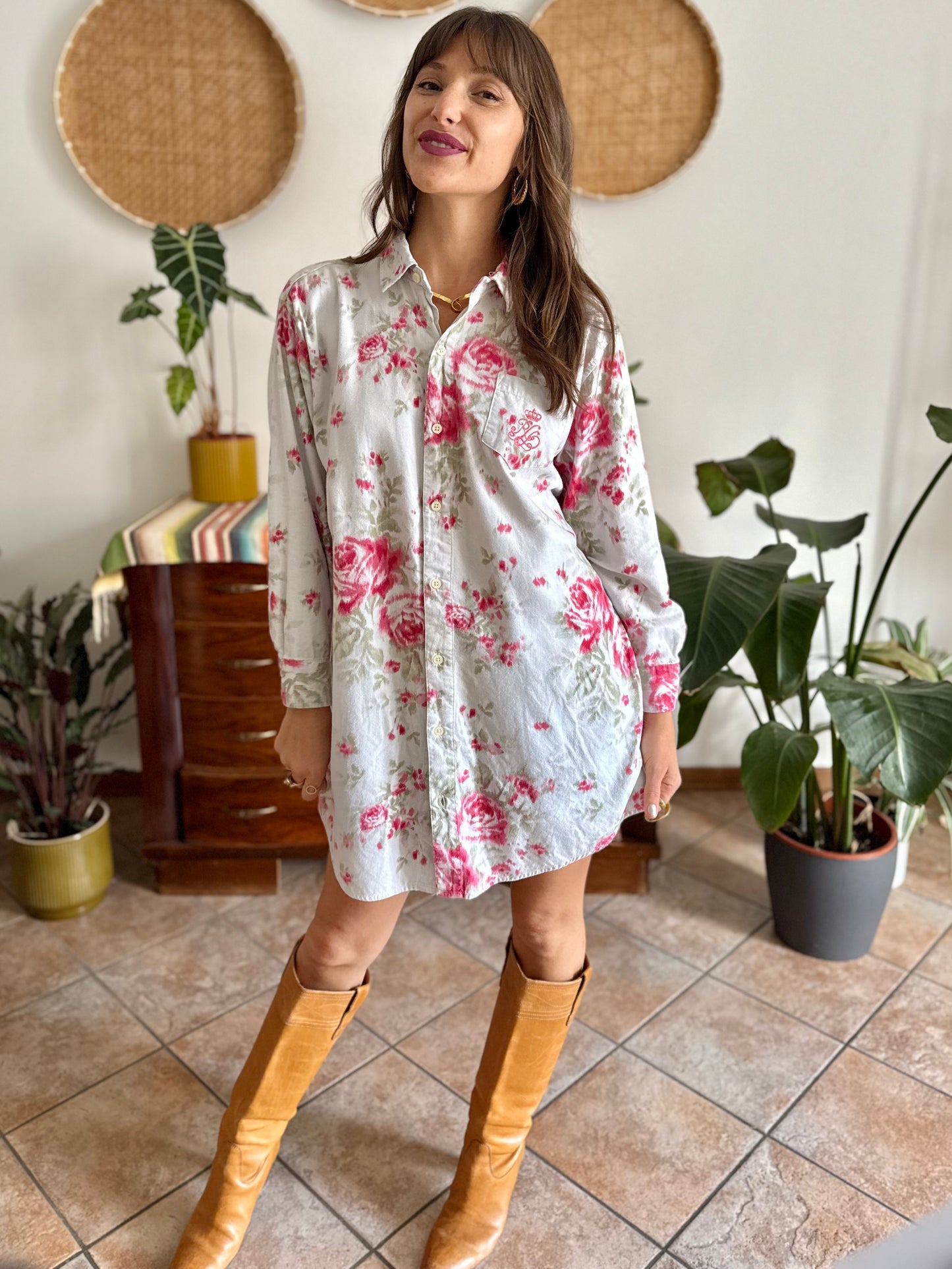 1990's vintage white floral shirt dress with pink and green rose pattern