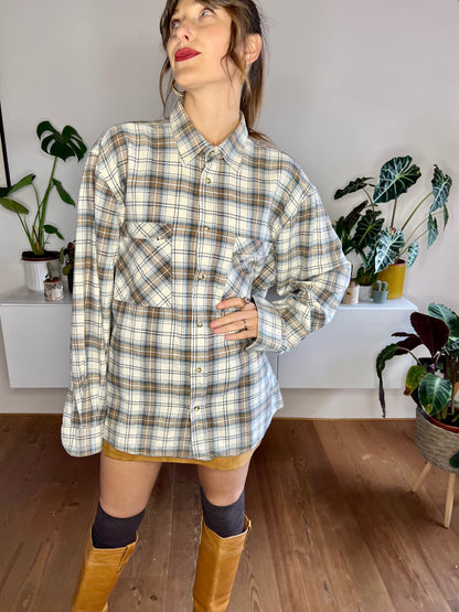 1990's vintage cream, brown and blue oversize plaid flannel shirt