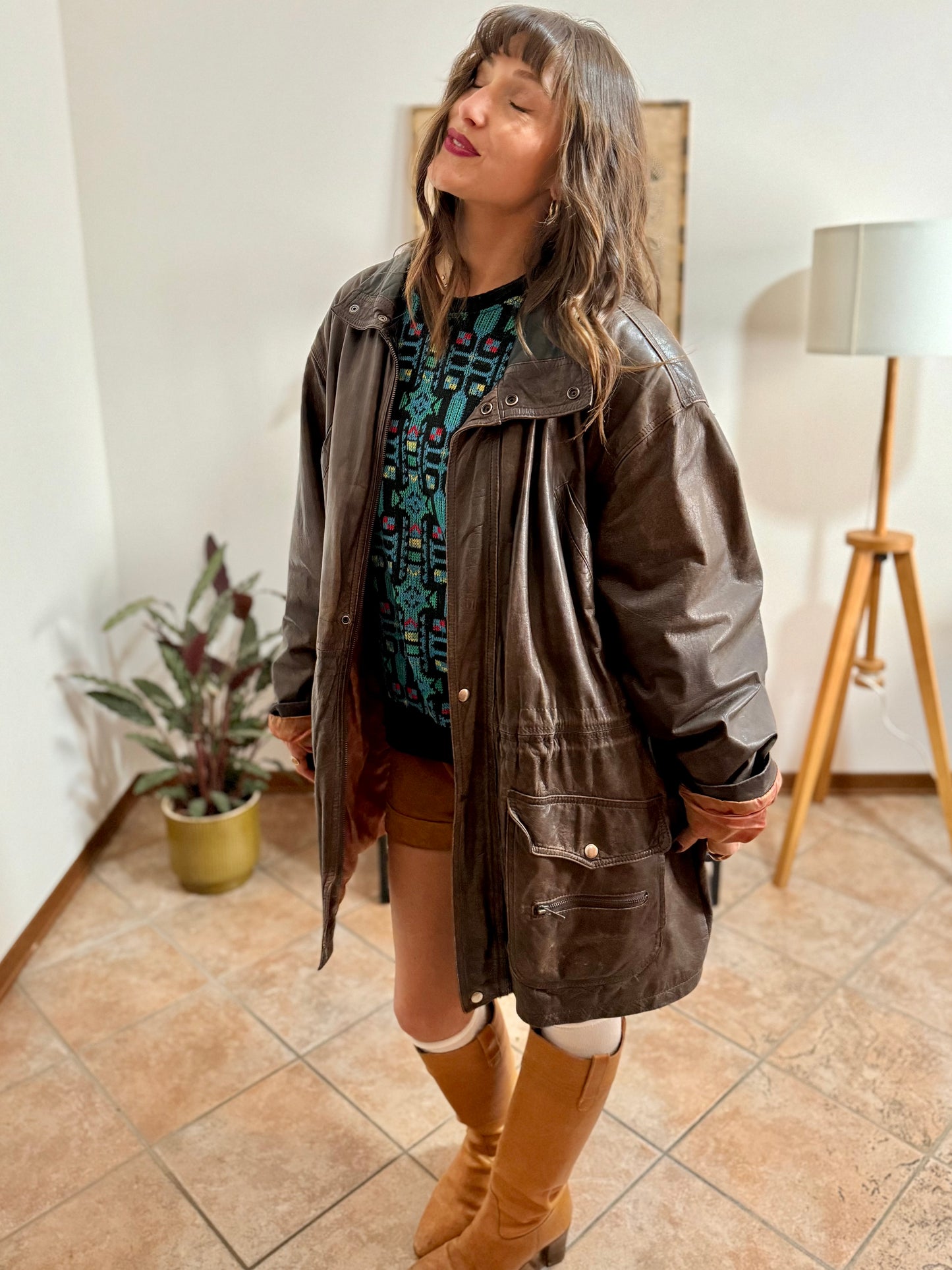 1970's vintage oversize chocolate brown leather coat with black leather details