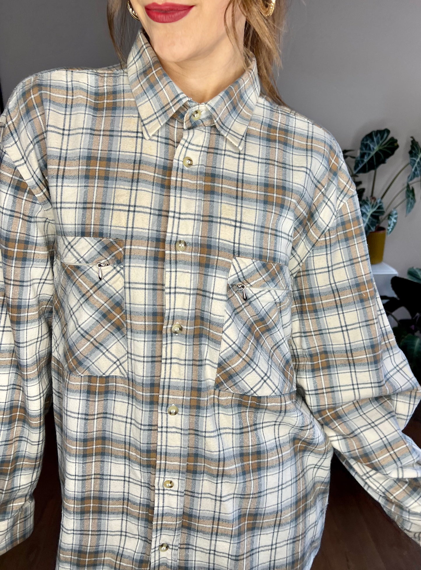 1990's vintage cream, brown and blue oversize plaid flannel shirt