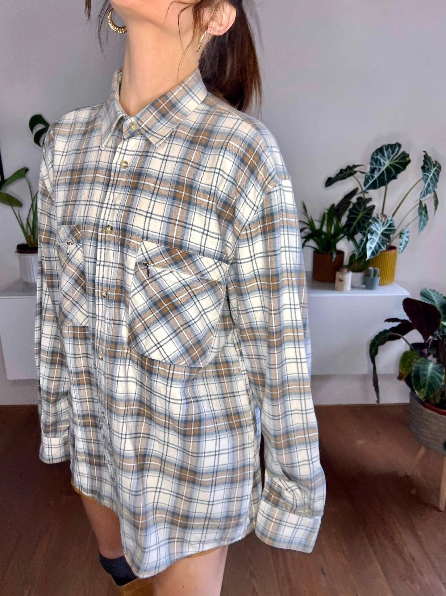 1990's vintage cream, brown and blue oversize plaid flannel shirt