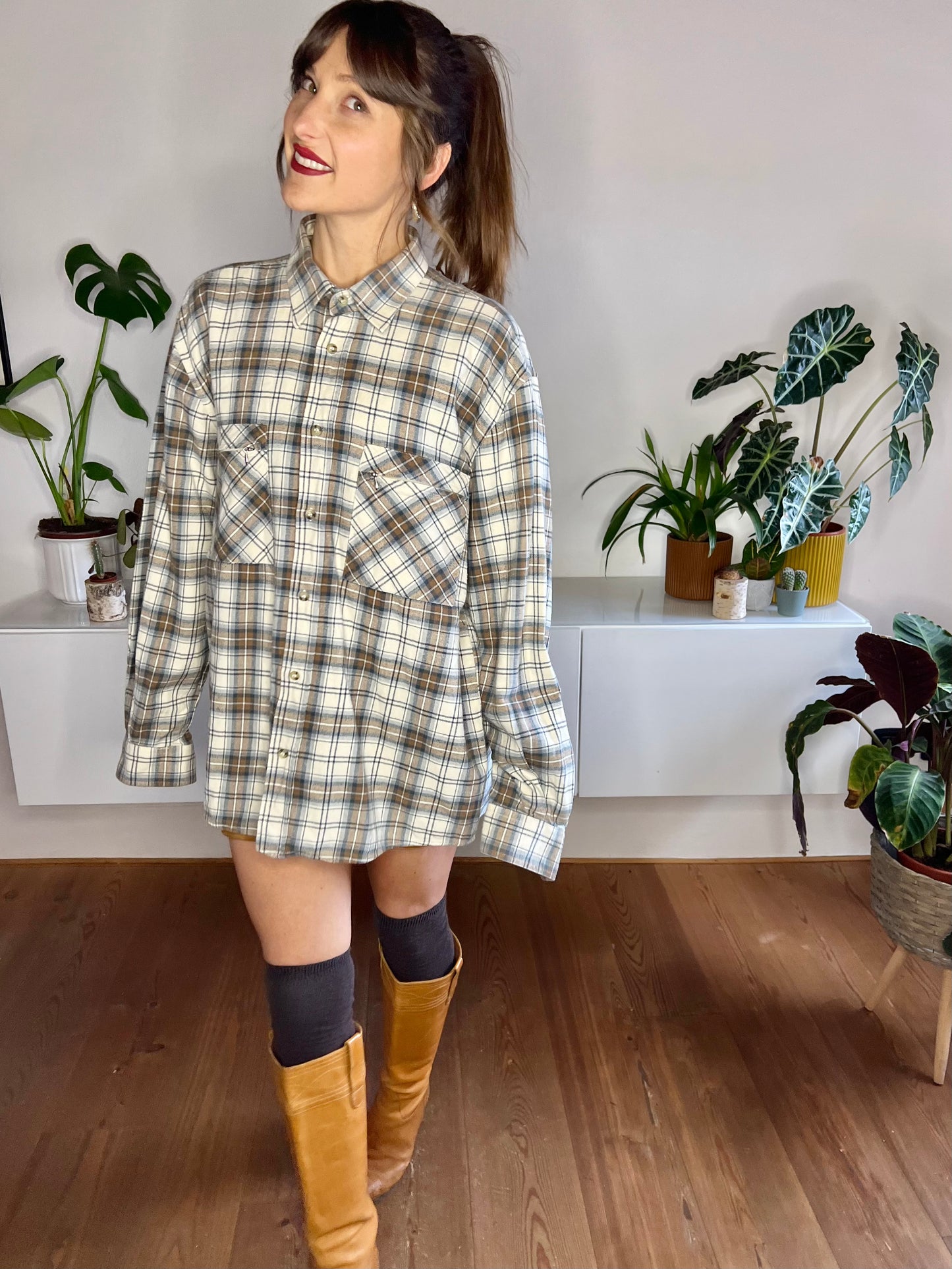 1990's vintage cream, brown and blue oversize plaid flannel shirt