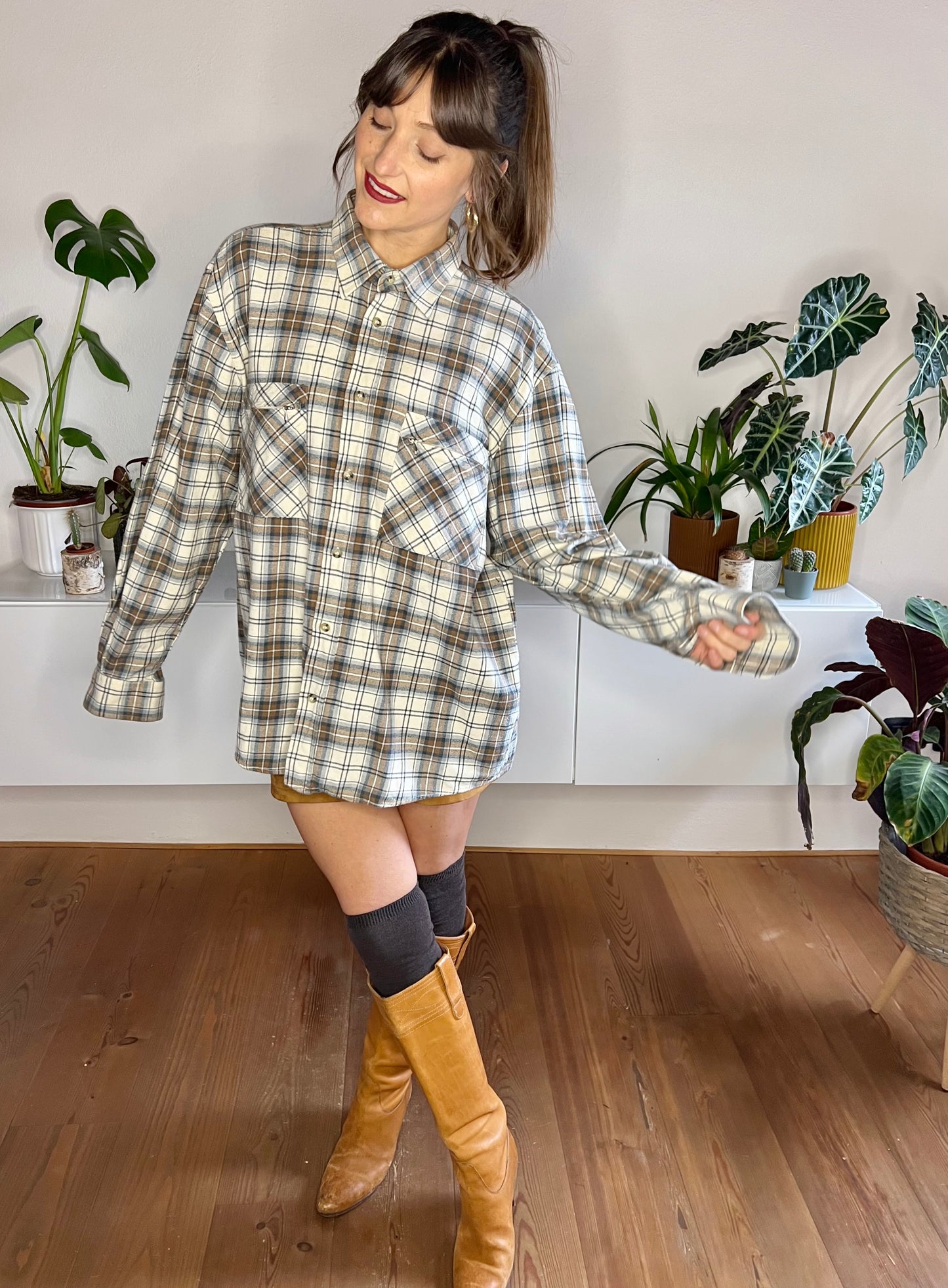 1990's vintage cream, brown and blue oversize plaid flannel shirt