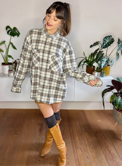 1990's vintage cream, brown and blue oversize plaid flannel shirt