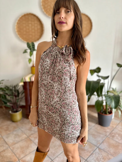 Y2k vintage grey micro mini dress with purple floral print
