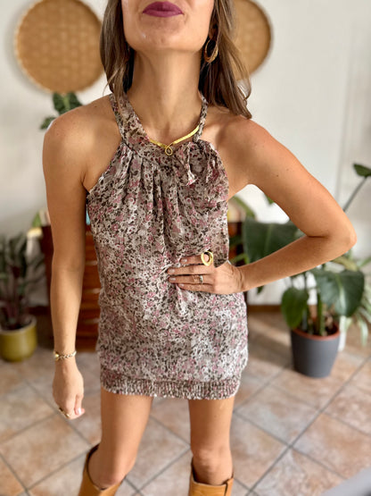 Y2k vintage grey micro mini dress with purple floral print