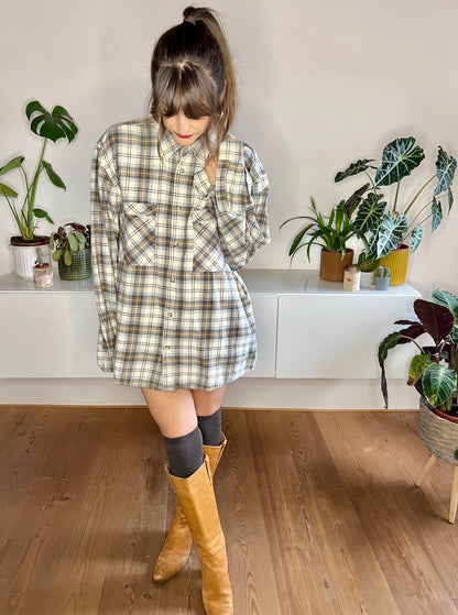 1990's vintage cream, brown and blue oversize plaid flannel shirt
