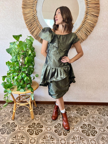 1980's vintage military green silk ruffle dress