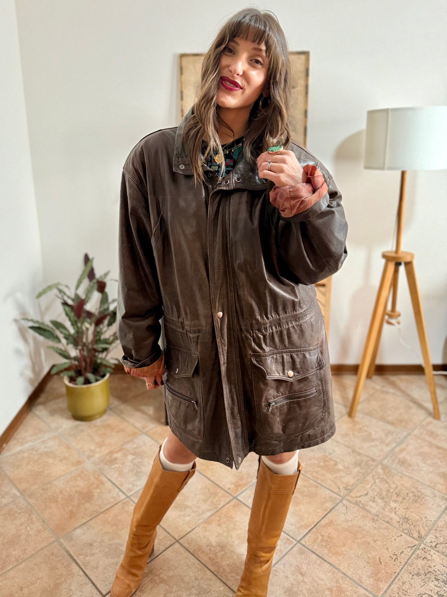 1970's vintage oversize chocolate brown leather coat with black leather details