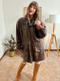 1970's vintage oversize chocolate brown leather coat with black leather details