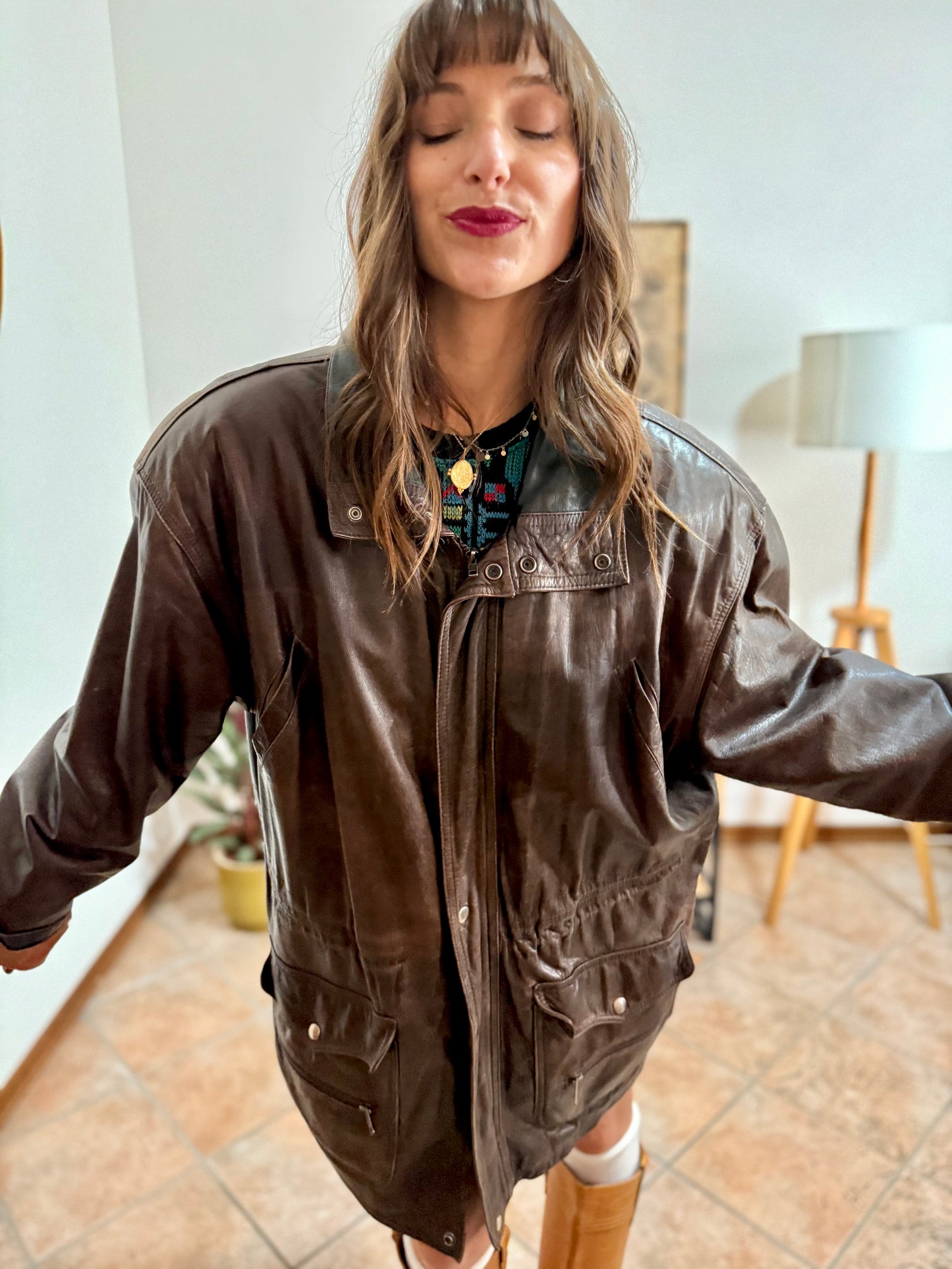 1970's vintage oversize chocolate brown leather coat with black leather details