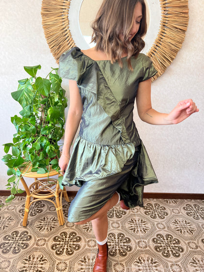 1980's vintage military green silk ruffle dress