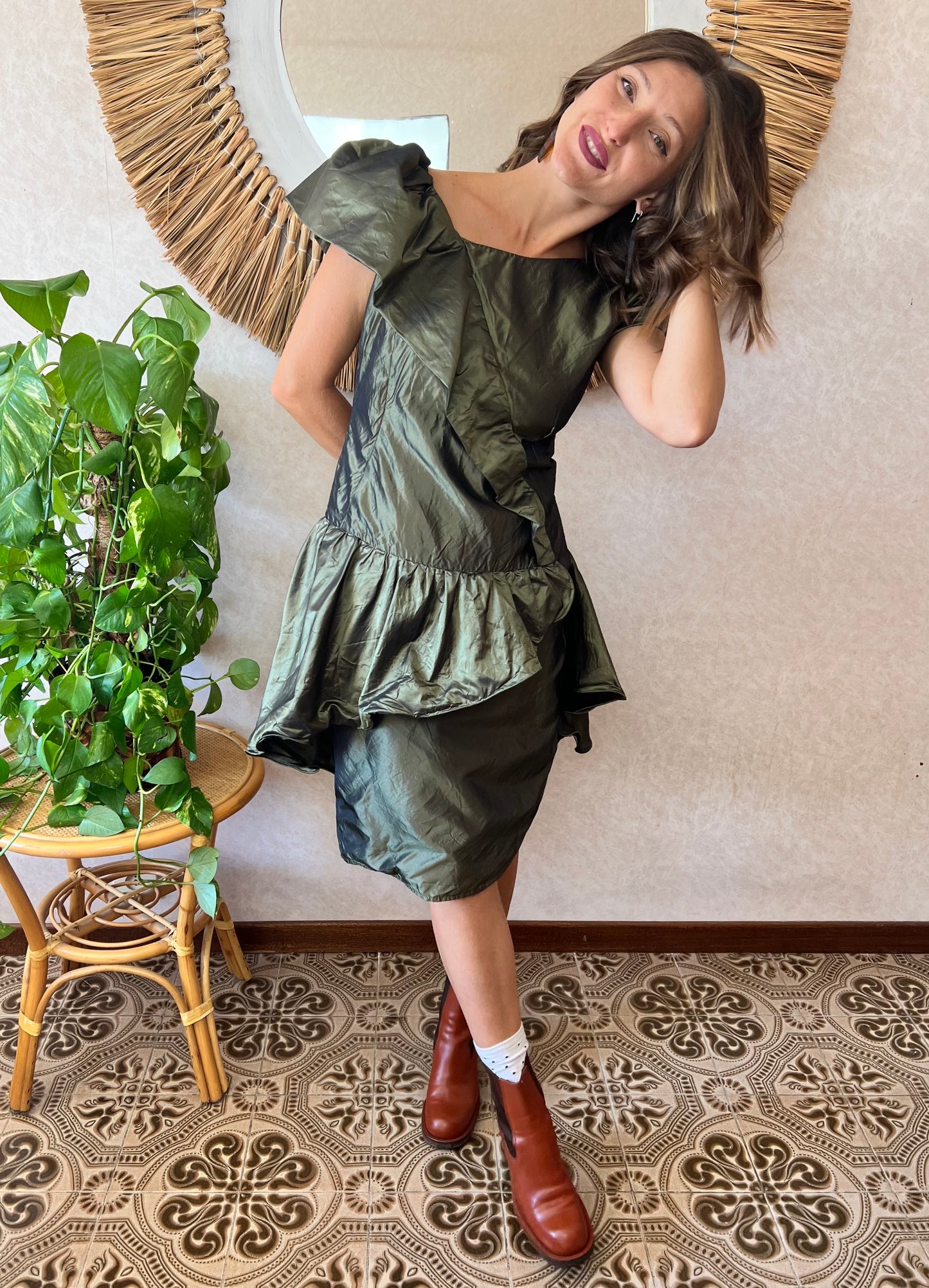 1980's vintage military green silk ruffle dress