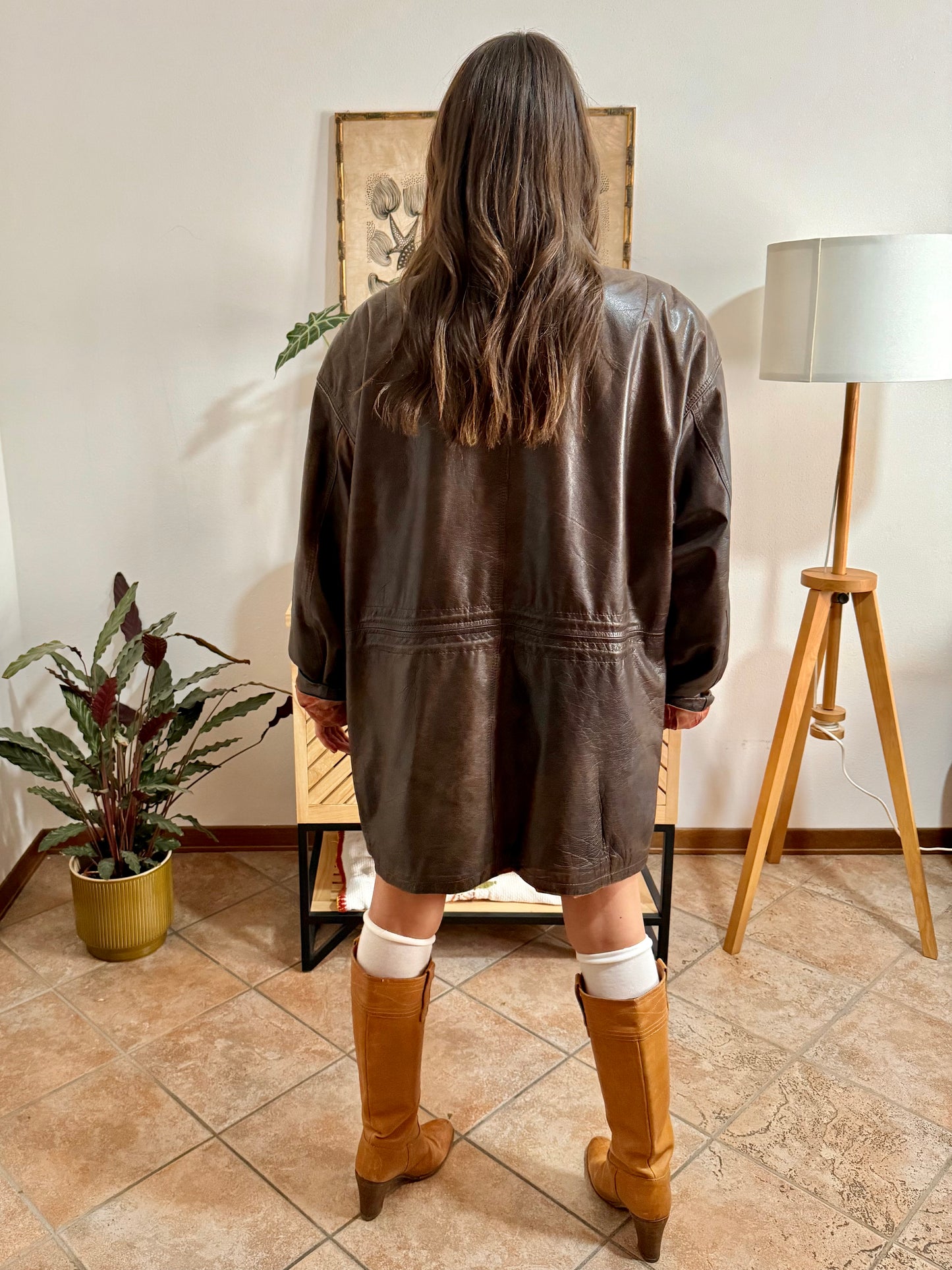 1970's vintage oversize chocolate brown leather coat with black leather details