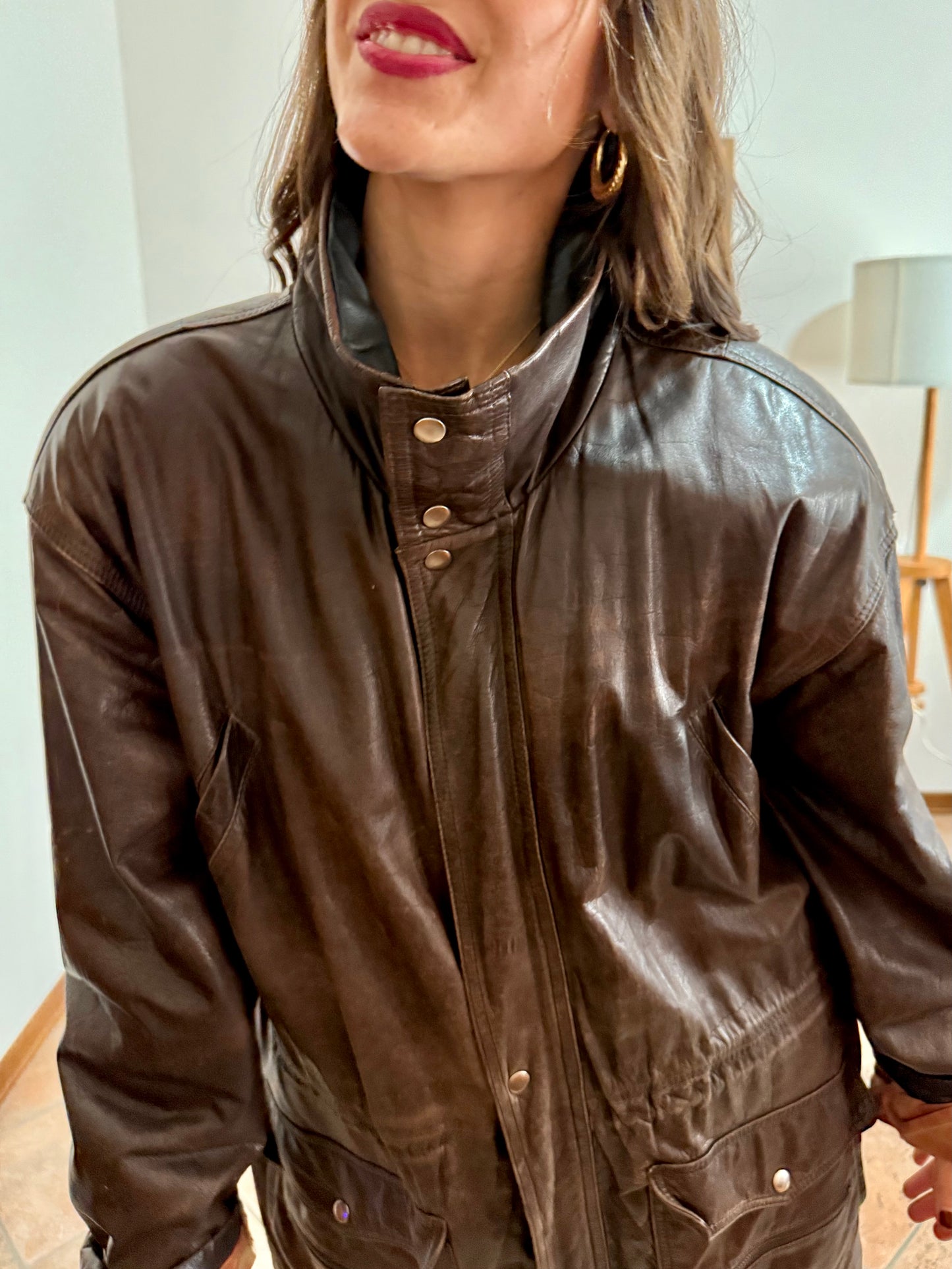 1970's vintage oversize chocolate brown leather coat with black leather details