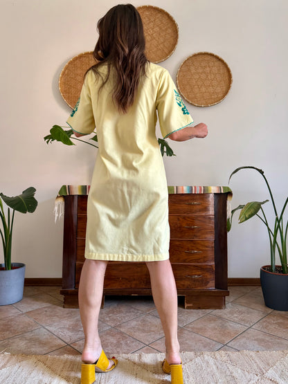1970's vintage butter yellow cotton midi dress with green floral embroidery