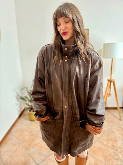 1970's vintage oversize chocolate brown leather coat with black leather details