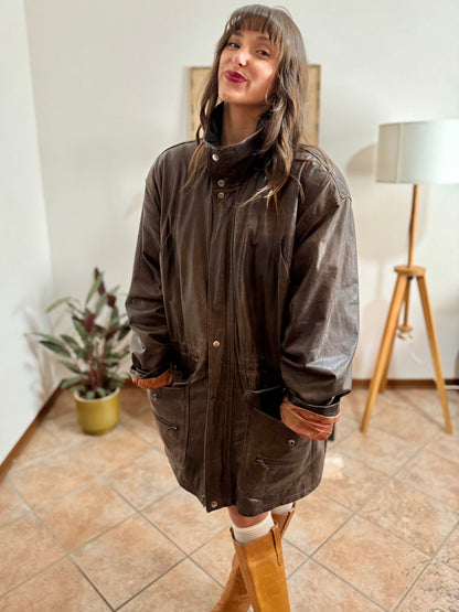 1970's vintage oversize chocolate brown leather coat with black leather details