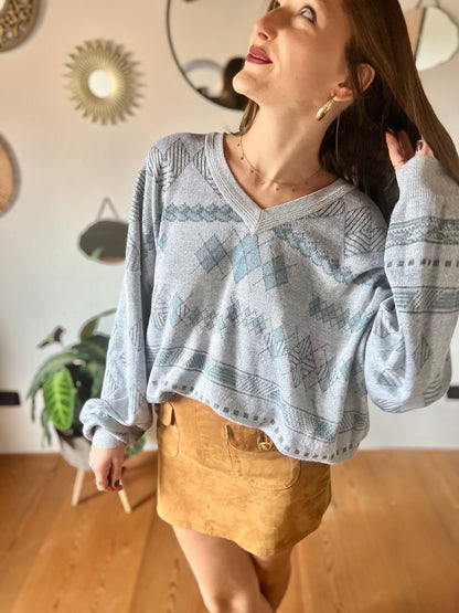 1990's vintage unisex grey and turquoise diamond knit pullover