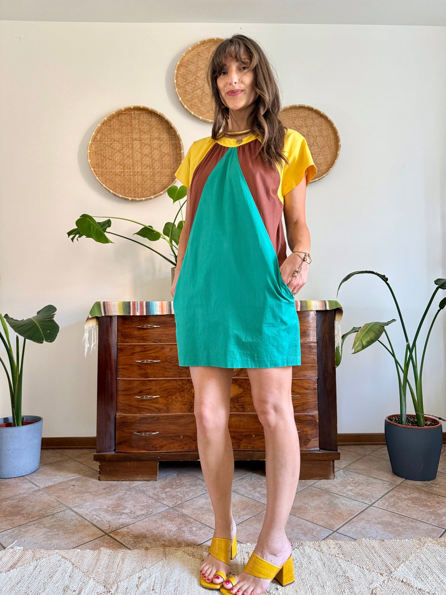 1970's vintage brown, yellow and green block printed mini dress