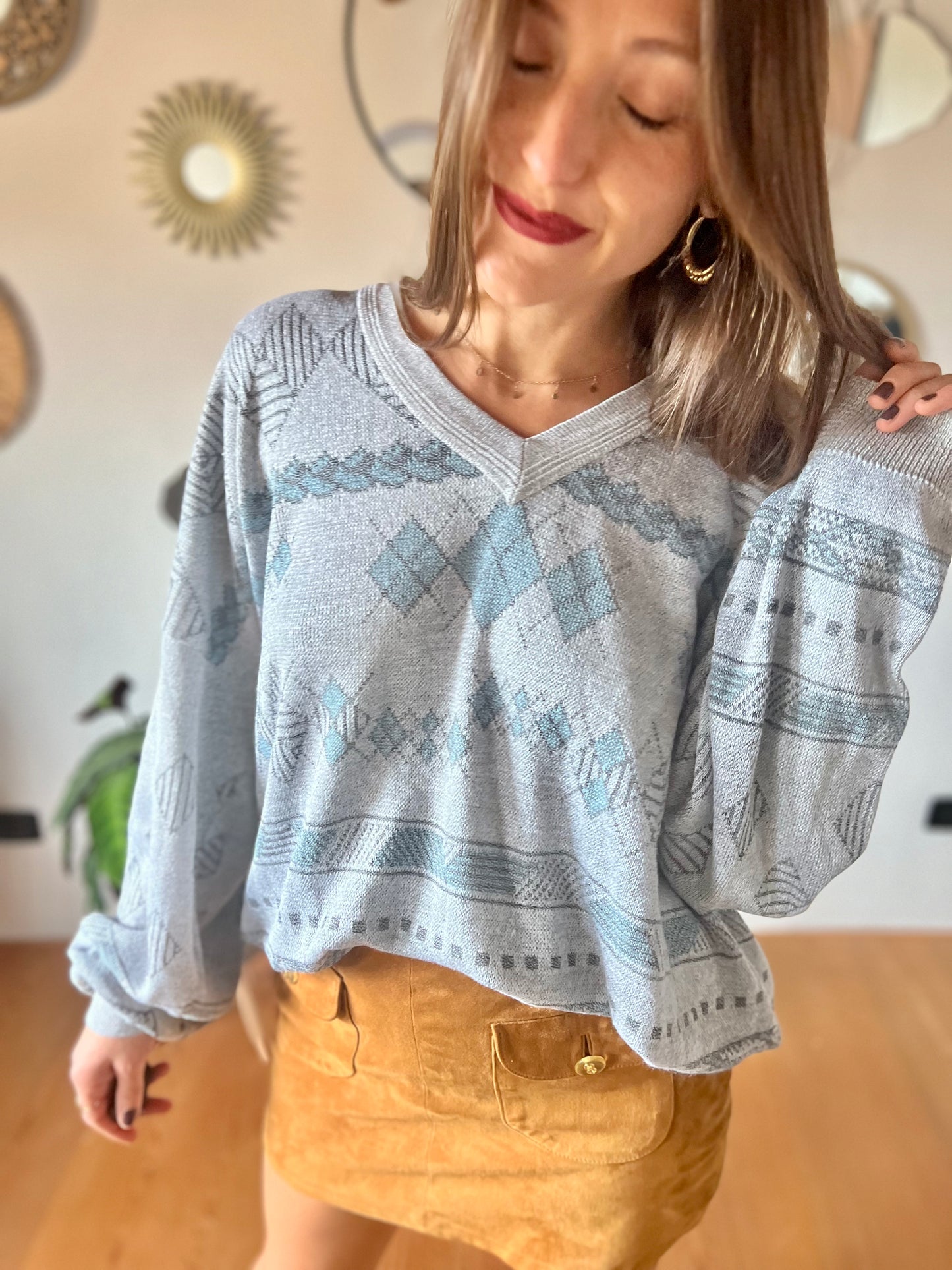 1990's vintage unisex grey and turquoise diamond knit pullover