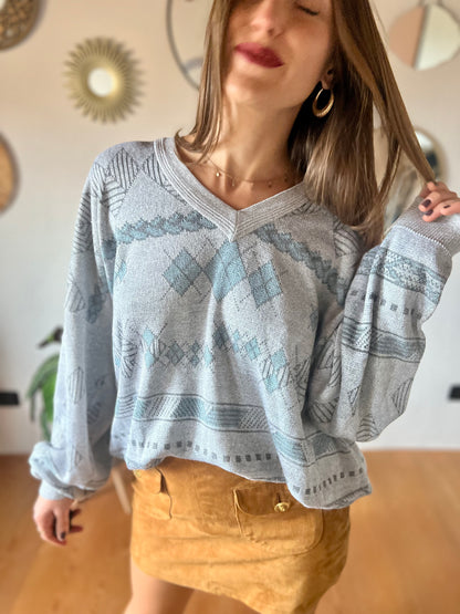 1990's vintage unisex grey and turquoise diamond knit pullover