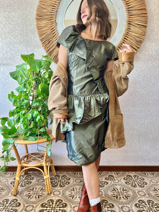 1980's vintage military green silk ruffle dress