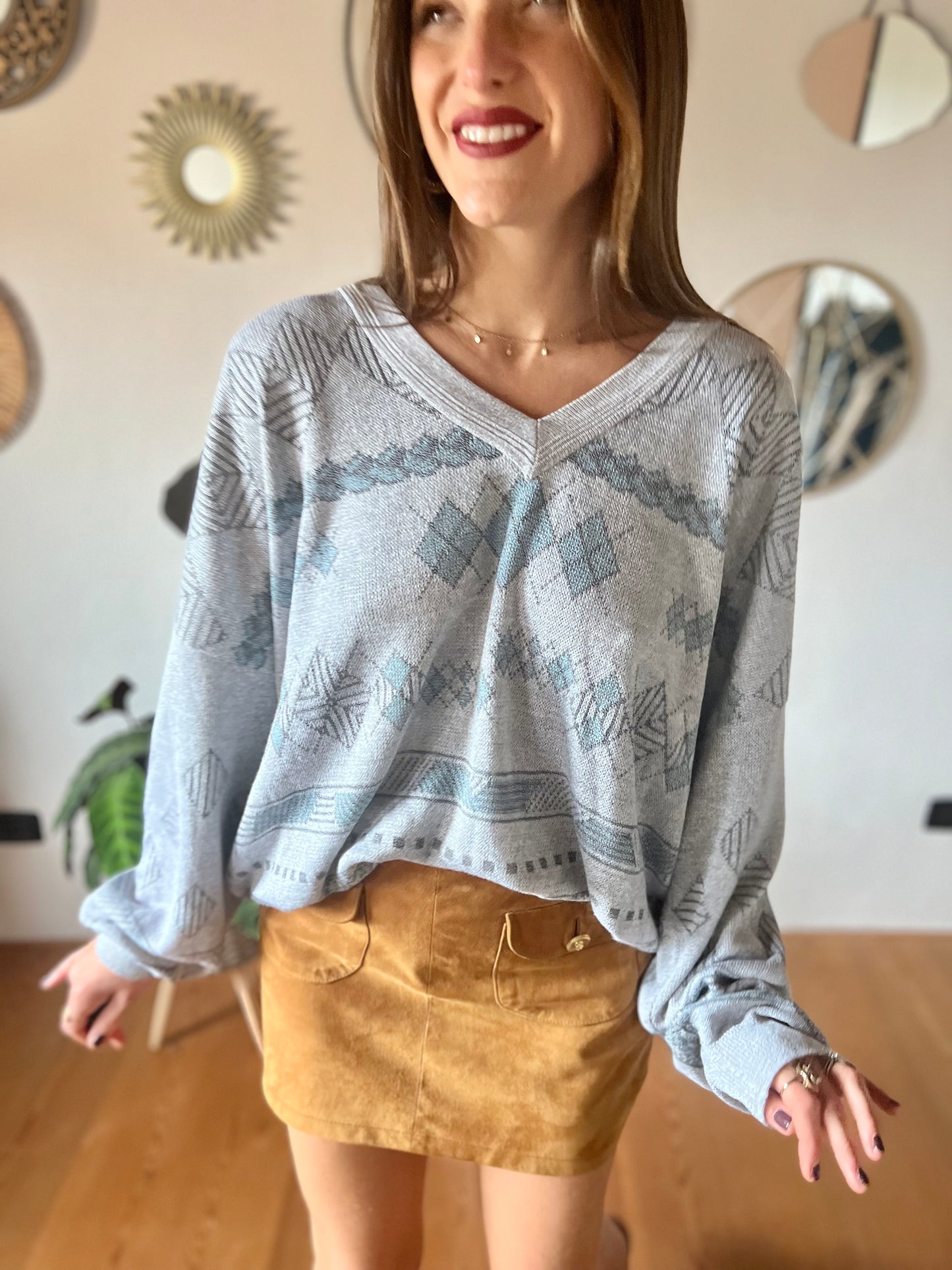 1990's vintage unisex grey and turquoise diamond knit pullover