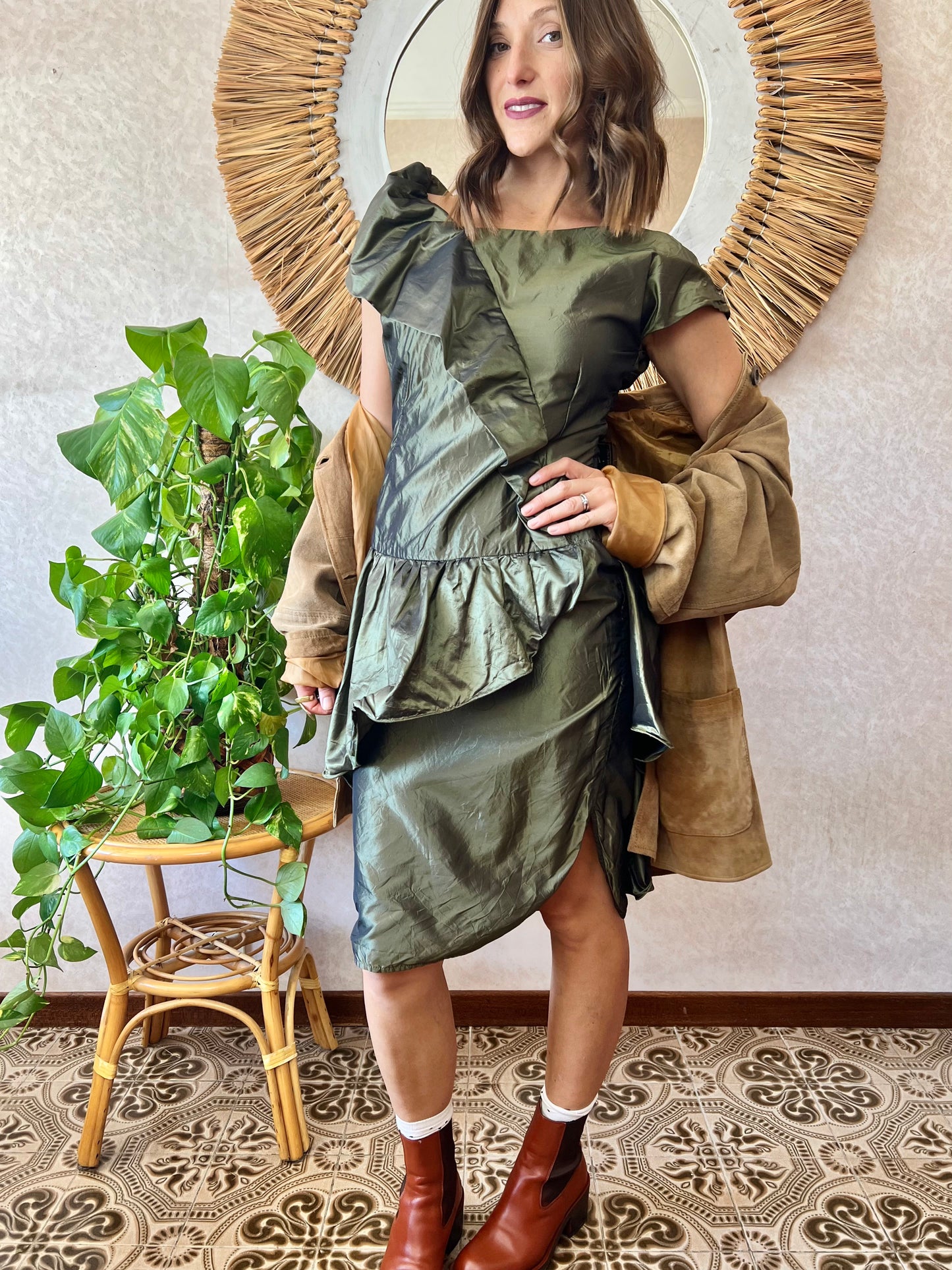 1980's vintage military green silk ruffle dress