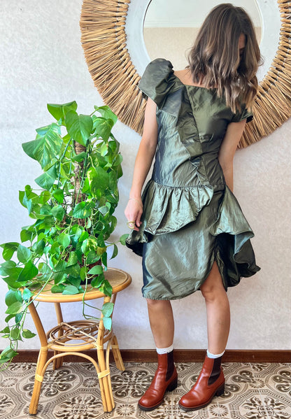 1980's vintage military green silk ruffle dress