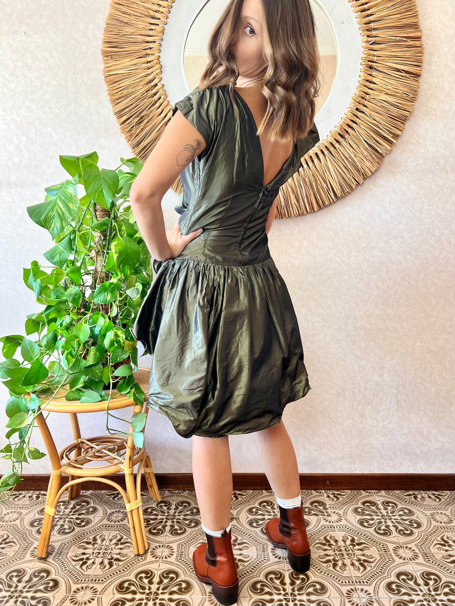 1980's vintage military green silk ruffle dress