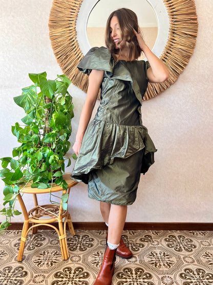 1980's vintage military green silk ruffle dress