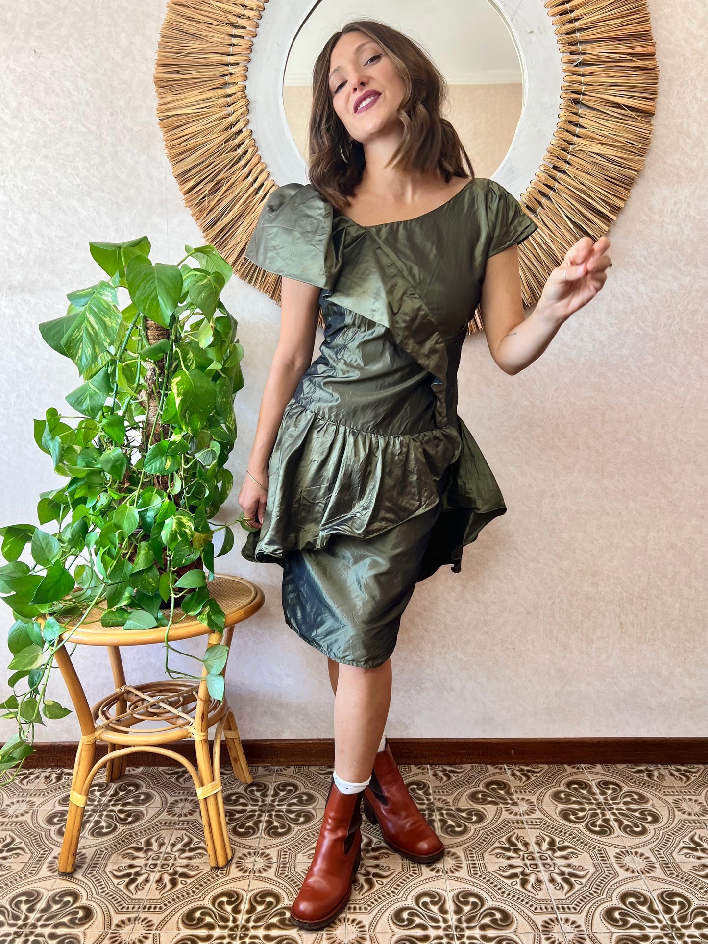 1980's vintage military green silk ruffle dress