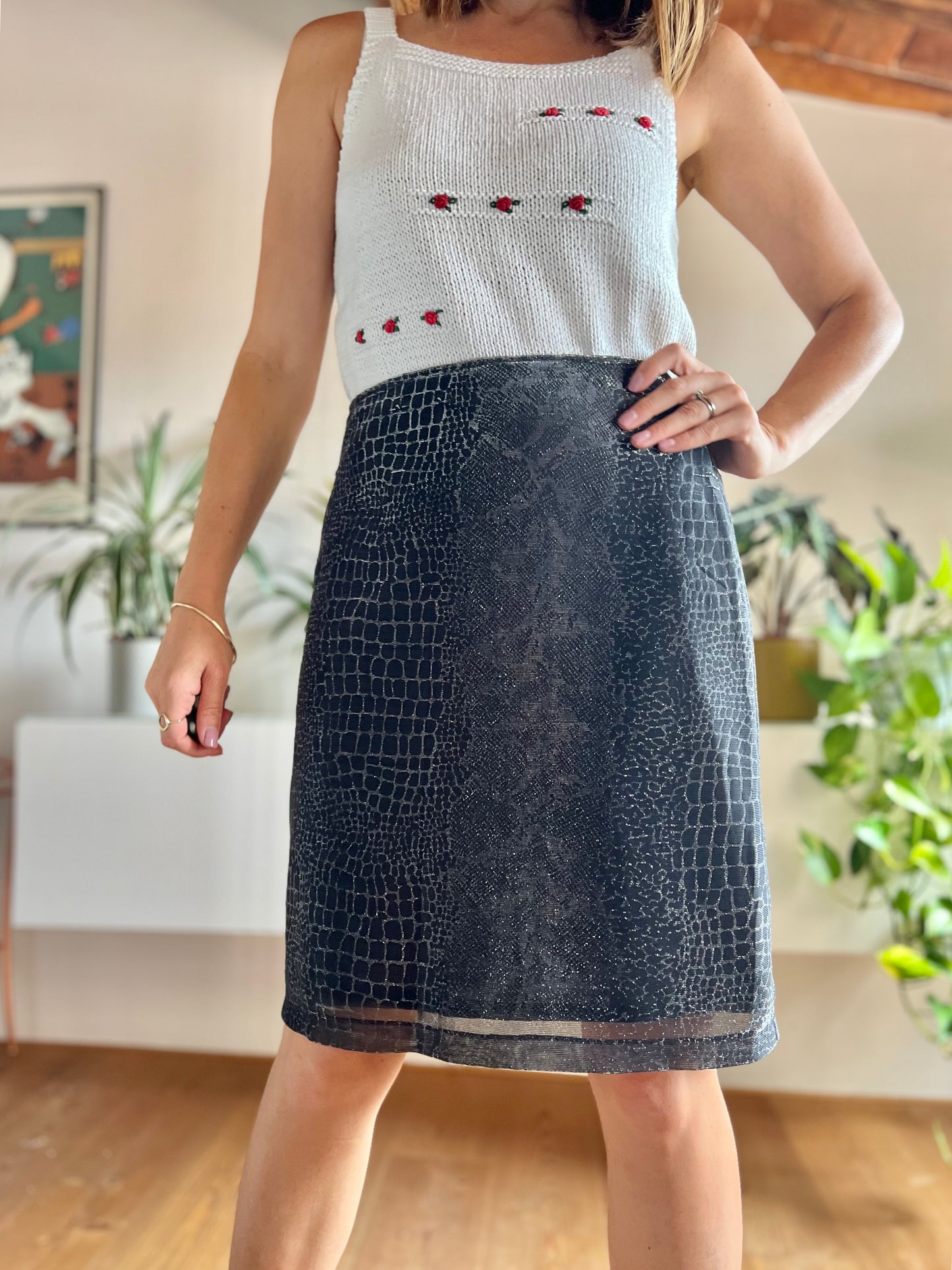 1970's vintage black and silver reptile print mini skirt