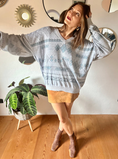 1990's vintage unisex grey and turquoise diamond knit pullover