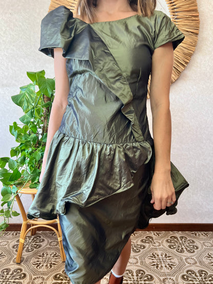 1980's vintage military green silk ruffle dress