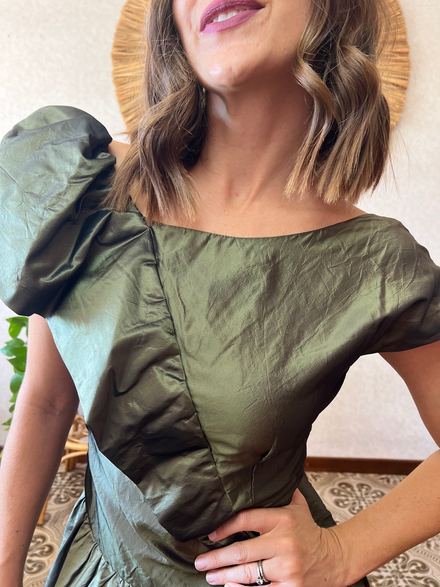 1980's vintage military green silk ruffle dress