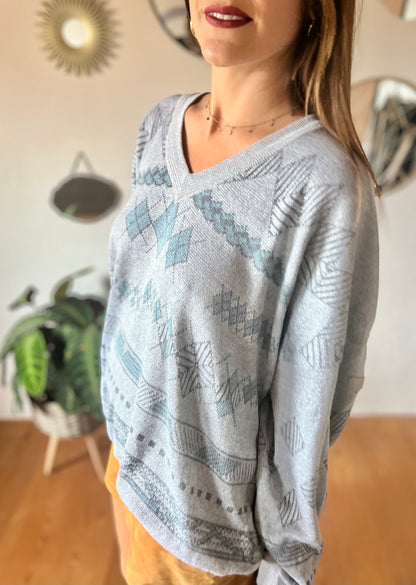 1990's vintage unisex grey and turquoise diamond knit pullover