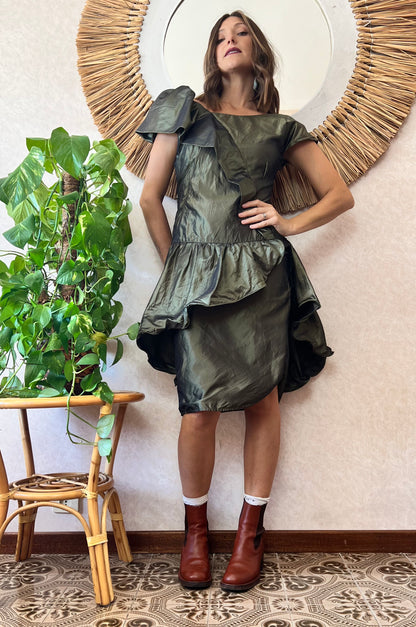 1980's vintage military green silk ruffle dress