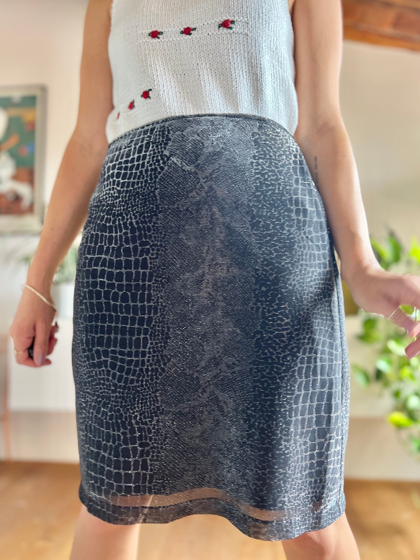 1970's vintage black and silver reptile print mini skirt