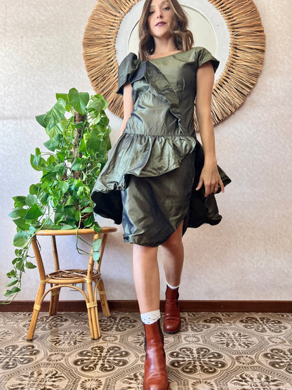 1980's vintage military green silk ruffle dress