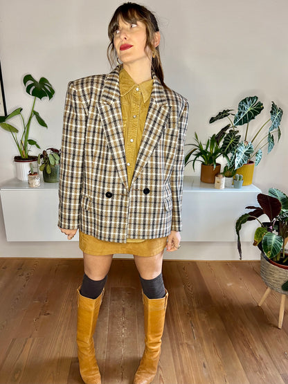 1970's vintage tan and black houndstooth wool blazer