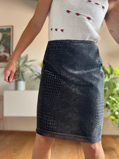 1970's vintage black and silver reptile print mini skirt