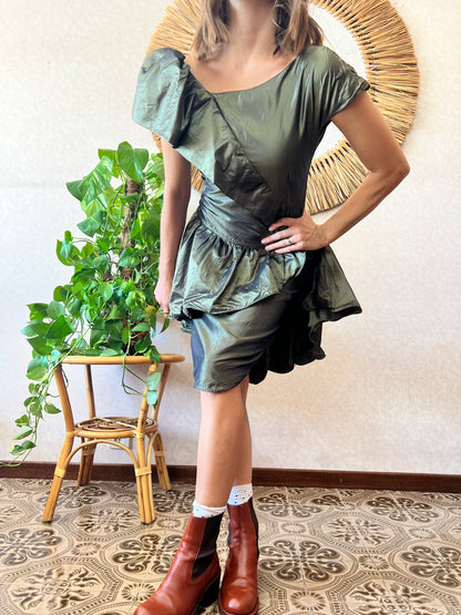 1980's vintage military green silk ruffle dress