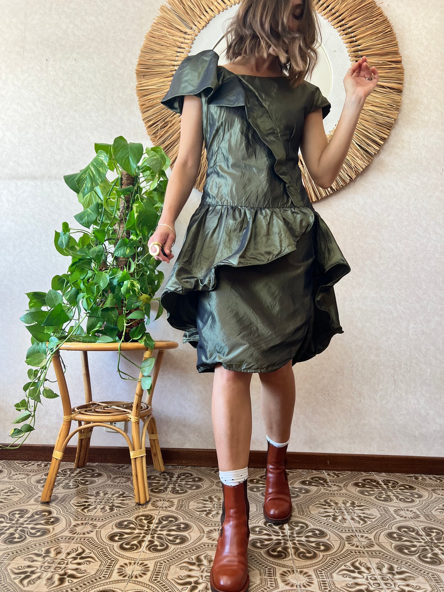 1980's vintage military green silk ruffle dress